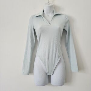 House of Harlow 1960 Green Ribbed Long Sleeve Collared Bodysuit w/ Snaps Size XS